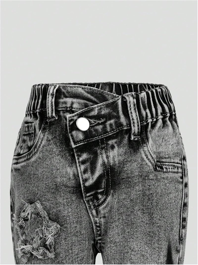 WDIRARA Toddler Girl's Star Print Ripped Flare Jeans Elastic Waist Asymmetrical Bell Bottom Denim Pants - Image 2